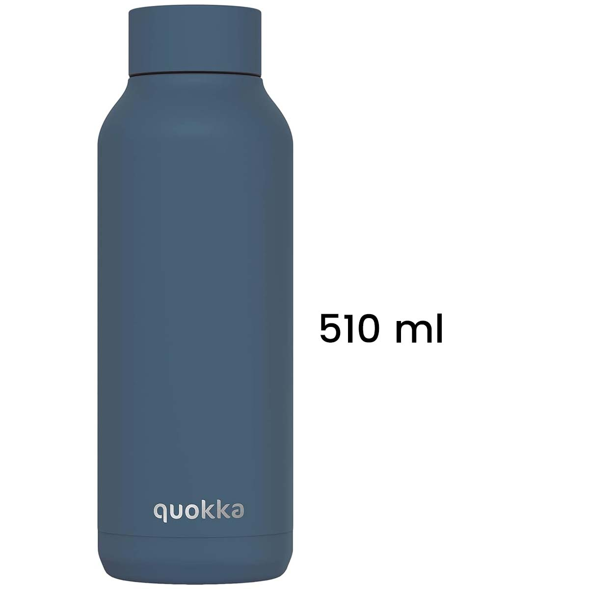 Una botella de agua azul Quokka, 510 ml de capacidad, sobre un fondo blanco.