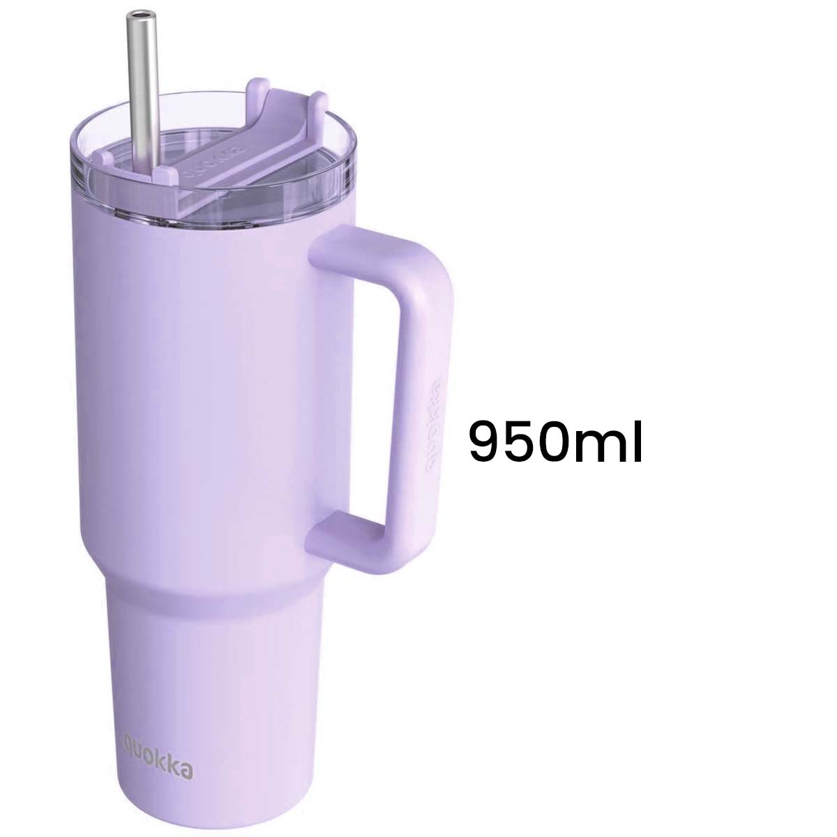 Ein helllila Quokka-Becher mit Griff und Strohhalm. Er hat 950ml. Der Deckel ist transparent.