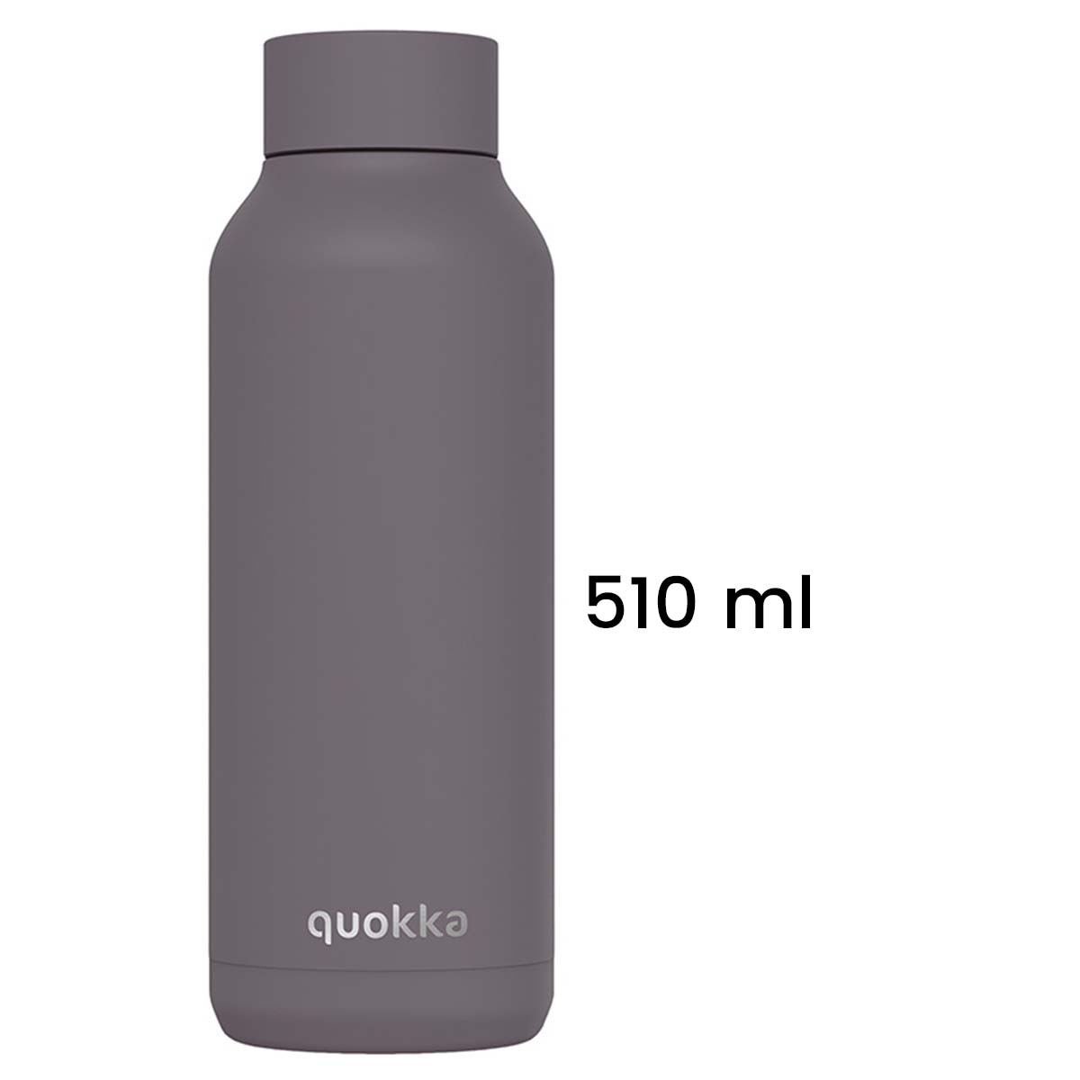 Una borraccia grigia Quokka, 510 ml. È cilindrica con tappo a vite. La bottiglia è su sfondo bianco.