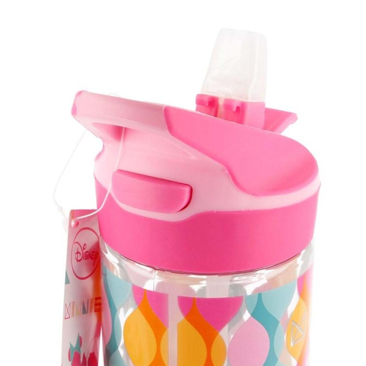 Una bottiglia d'acqua rosa e trasparente con un design di Minnie. Il coperchio è rosa con un beccuccio trasparente. Il corpo ha motivi colorati.