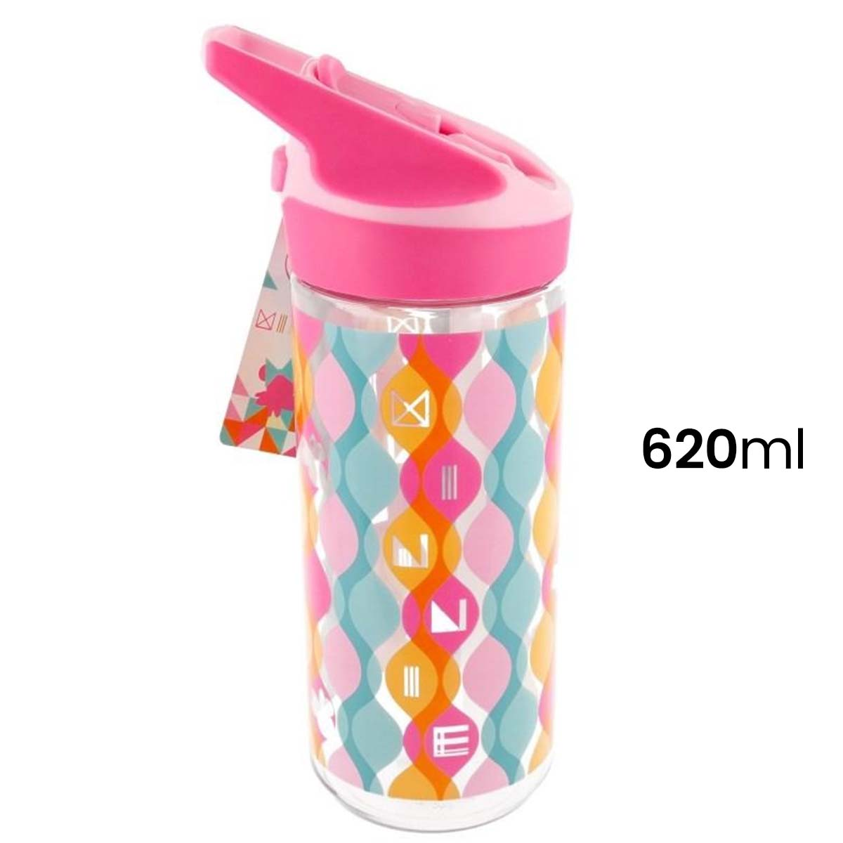 Una bottiglia d'acqua colorata con coperchio rosa. La bottiglia è decorata con motivi e il testo '620ml' è visibile sul lato.