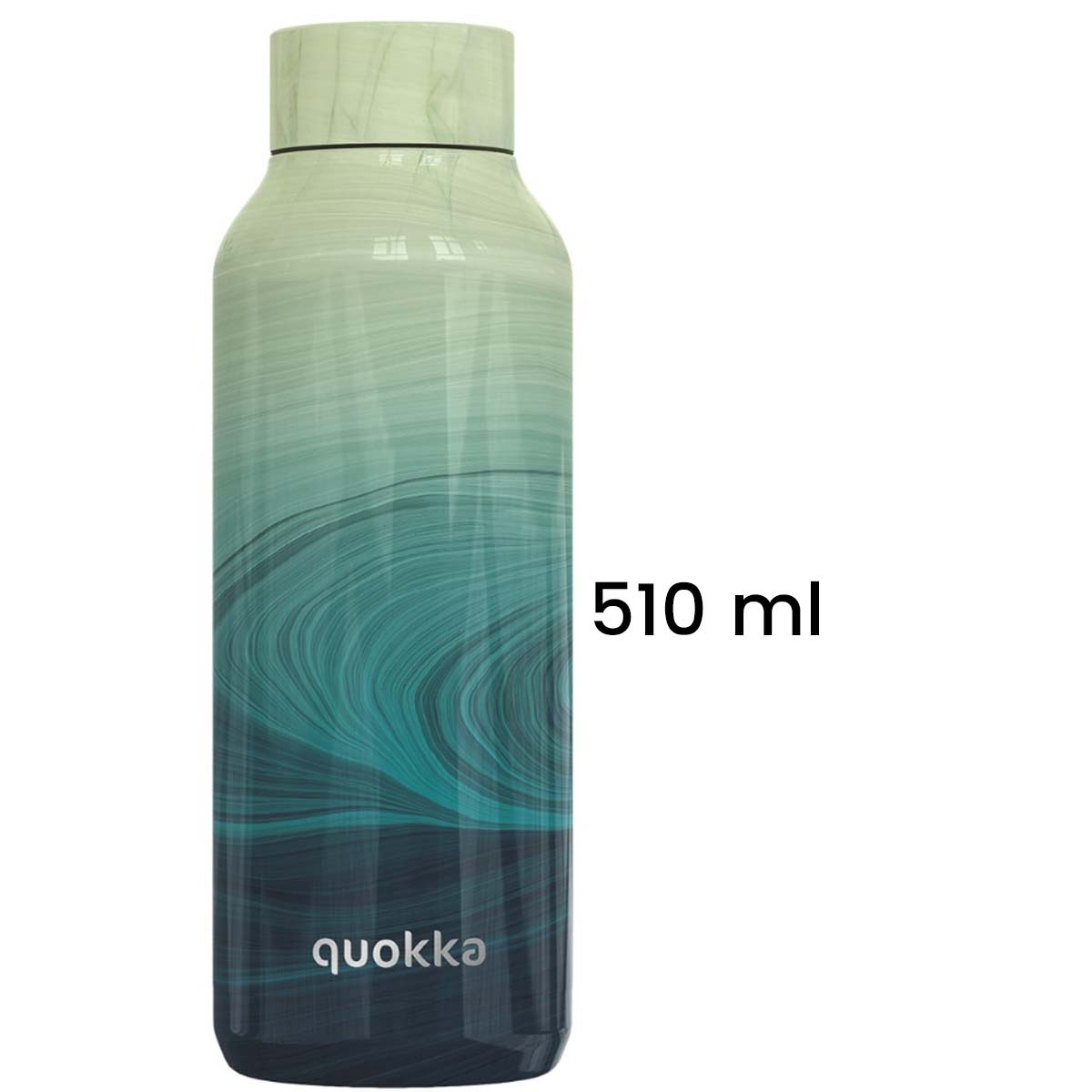 Una botella de agua Quokka con un diseño verde y turquesa. Tiene una tapa verde claro y el texto '510 ml' está a la derecha.