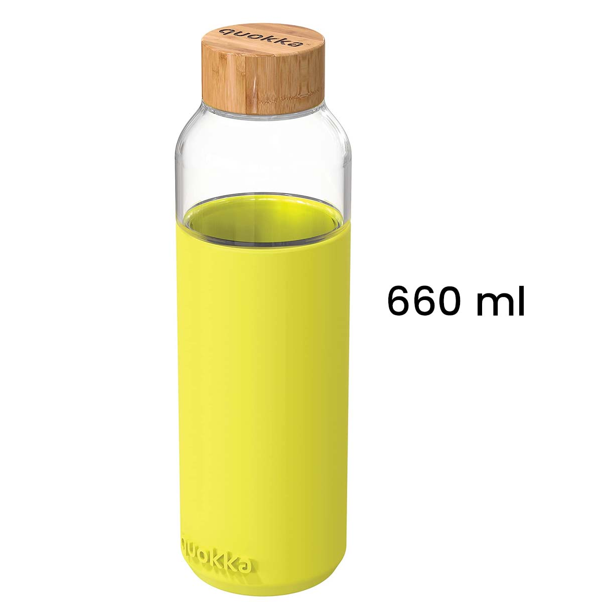 Una botella de agua amarilla con tapa de madera, con la etiqueta 'quokka' y '660 ml'.