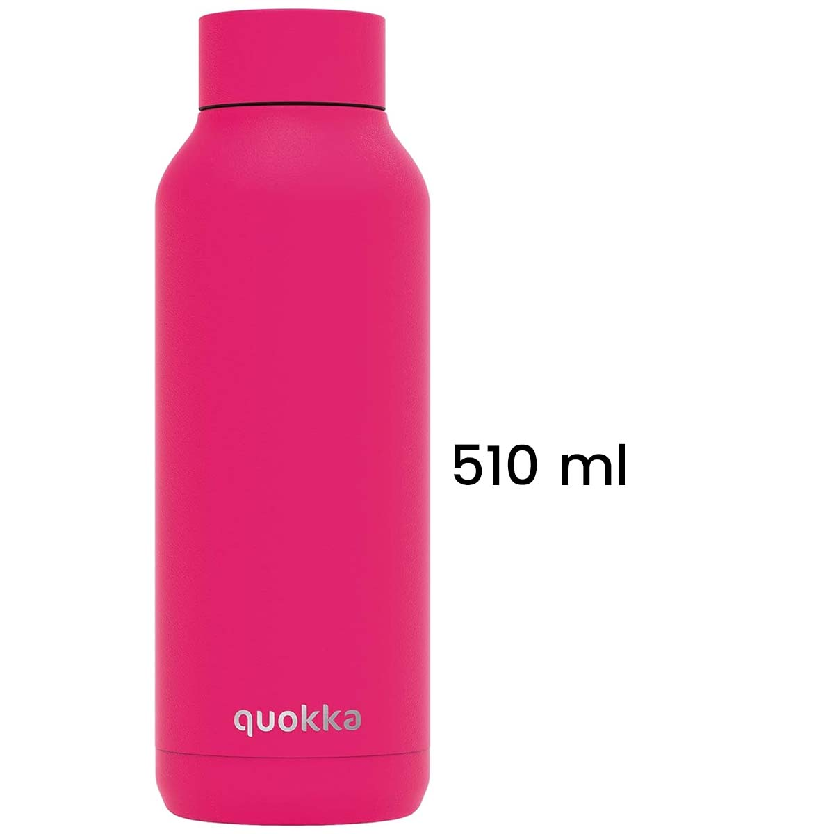 Una bottiglia d'acqua rosa Quokka, 510 ml, su sfondo bianco. La bottiglia è alta e cilindrica, con il marchio in basso.