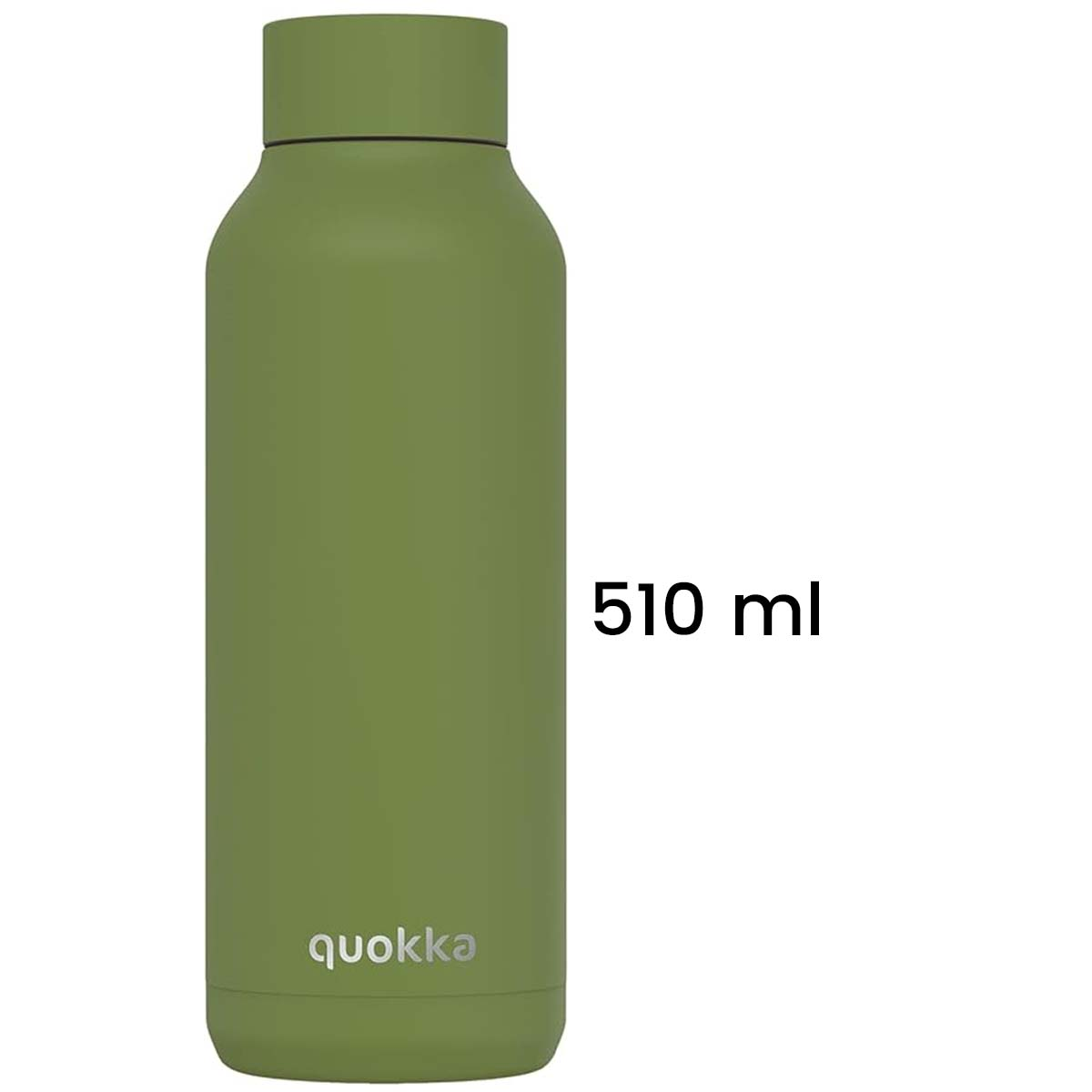 Una borraccia verde Quokka. La bottiglia ha una capacità di 510 ml. Lo sfondo è bianco.