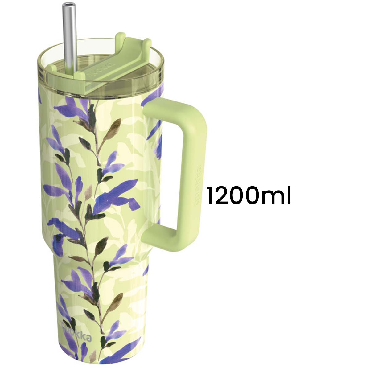 Un bicchiere a fantasia floreale con manico e cannuccia, capacità di 1200 ml, con foglie blu e viola su sfondo verde chiaro.