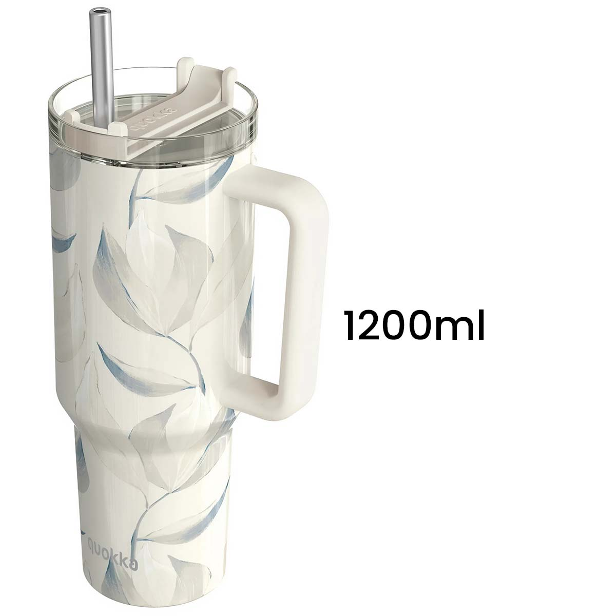 Ein weißer Becher mit floralem Design und Griff. Er hat einen Strohhalm und einen Deckel. Der Text "1200ml" steht rechts.