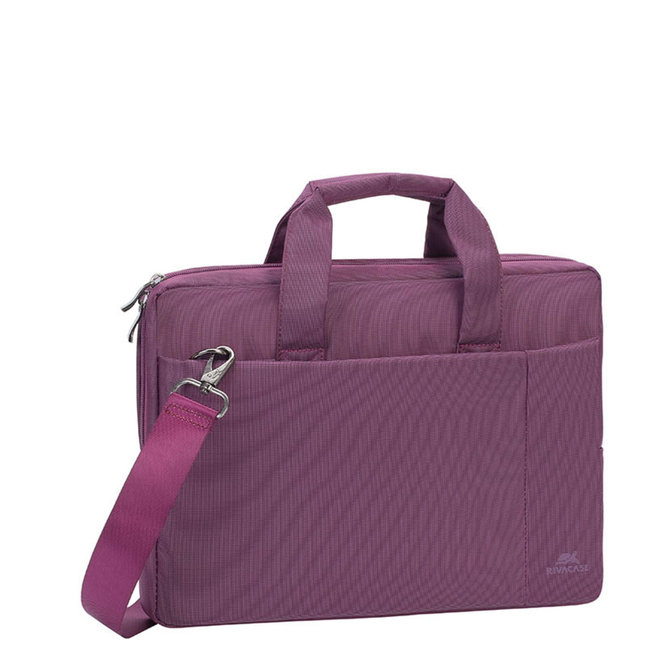 Una borsa per laptop Rivacase viola con tracolla e manico. È su sfondo bianco.