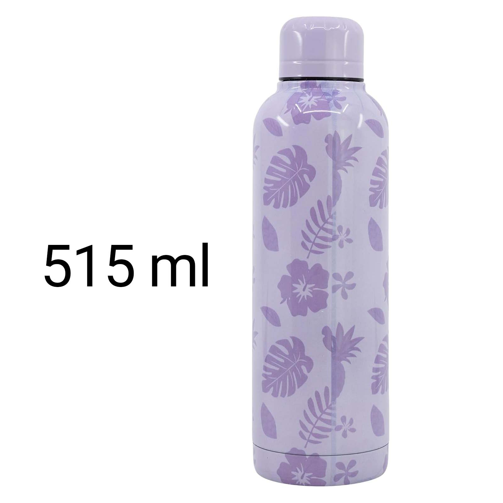 Una botella de agua morada con motivos florales y una tapa. El texto '515 ml' es negro. El fondo es blanco.