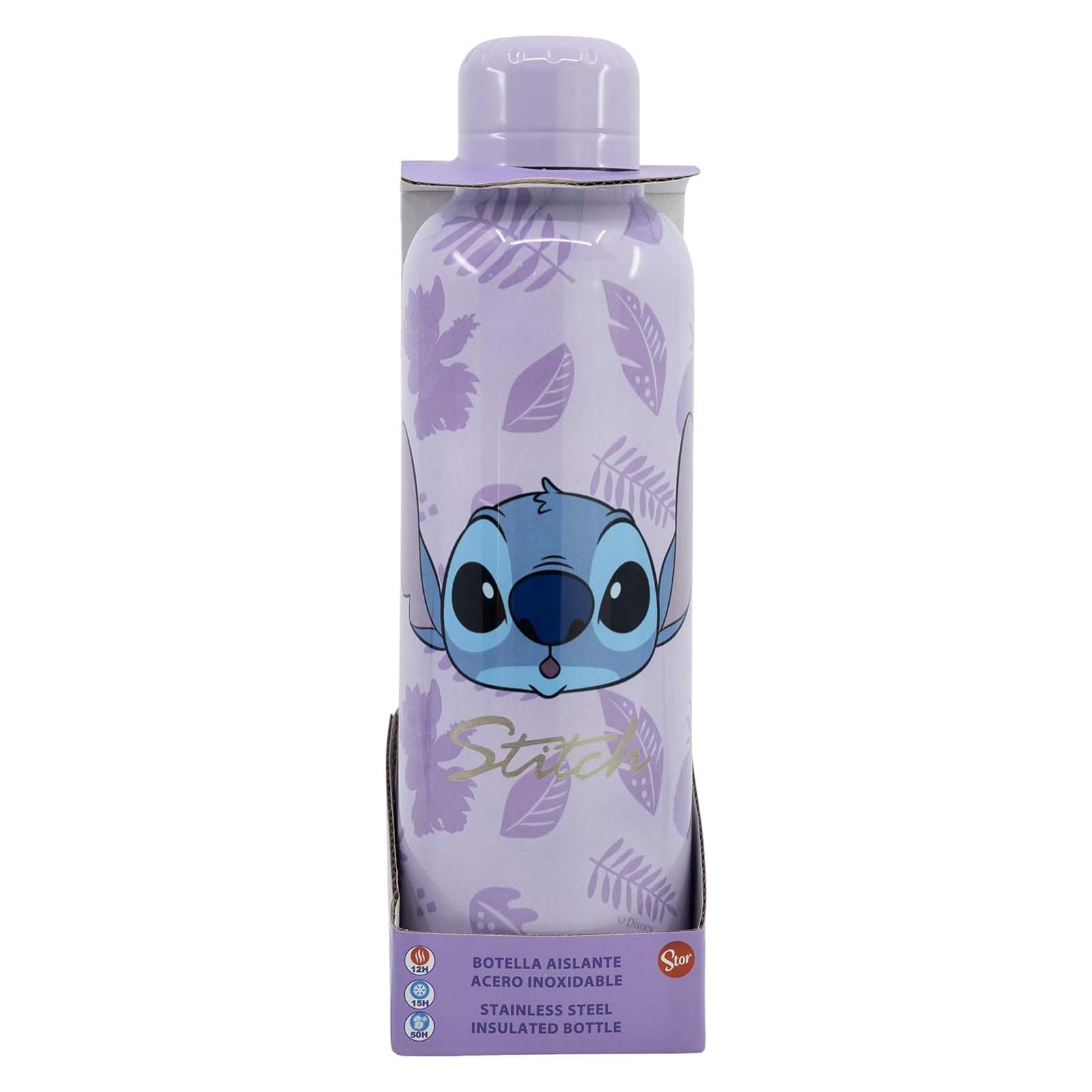 Stitch-Wasserflasche. Hellviolett mit Stitch-Gesicht. Blumenmuster und Text. In Karton verpackt.