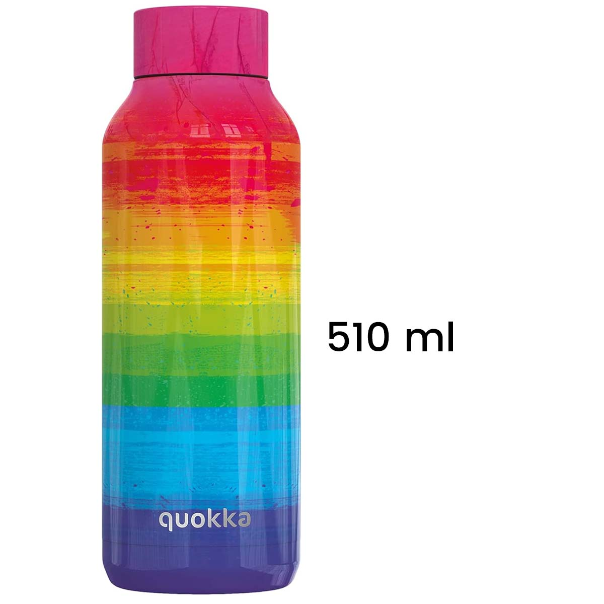 Una colorida botella de agua con diseño de arcoíris, la botella tiene una tapa rosa y el texto '510 ml' y 'quokka'.