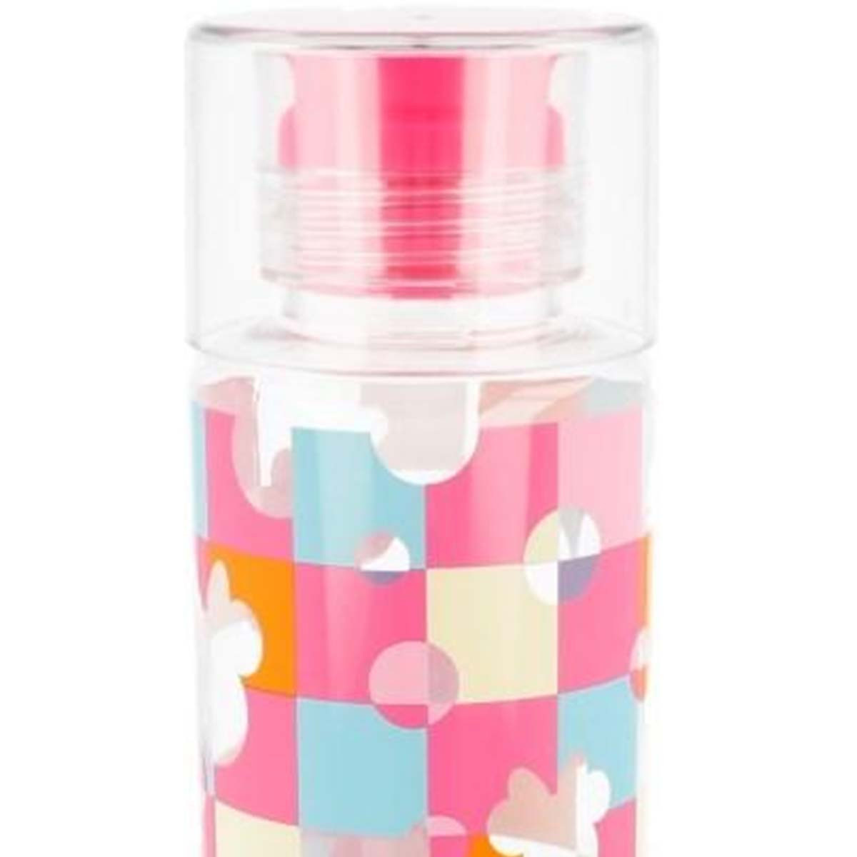 Una bottiglia trasparente con un motivo a quadri rosa, blu, giallo e arancione. Ha un coperchio rosa e un coperchio trasparente.