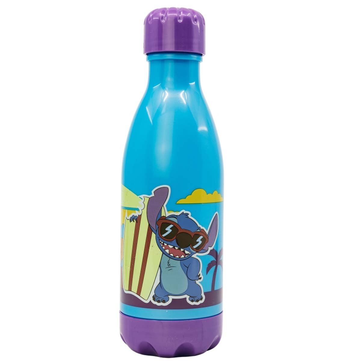 Borraccia blu con tappo e base viola. Personaggio dei cartoni animati Stitch con occhiali da sole e tavola da surf. Sfondo di palme e cielo giallo.