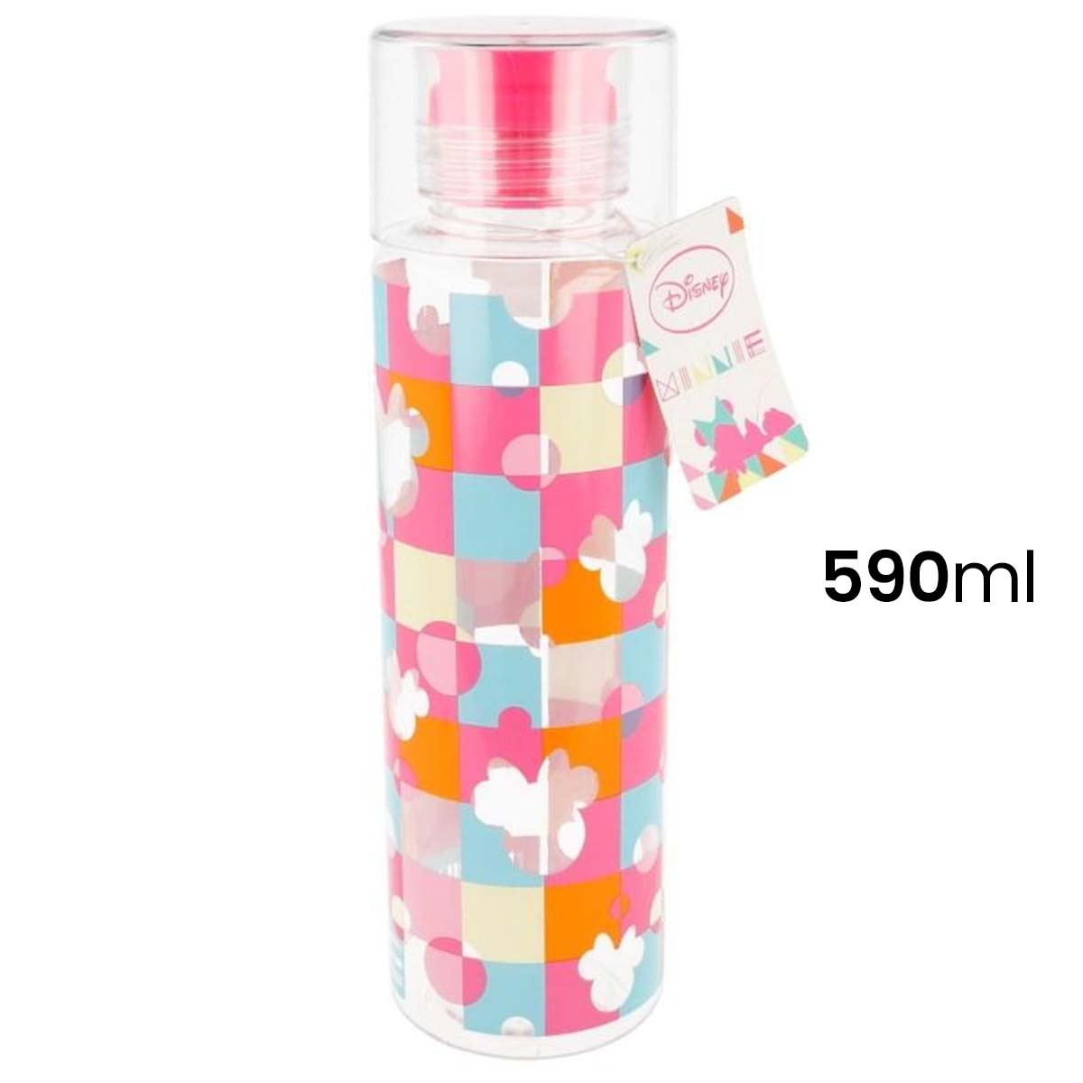 Una bottiglia d'acqua trasparente con quadrati rosa, blu e arancioni. Ha un coperchio rosa e un'etichetta Disney Minnie. La bottiglia dice 590 ml.