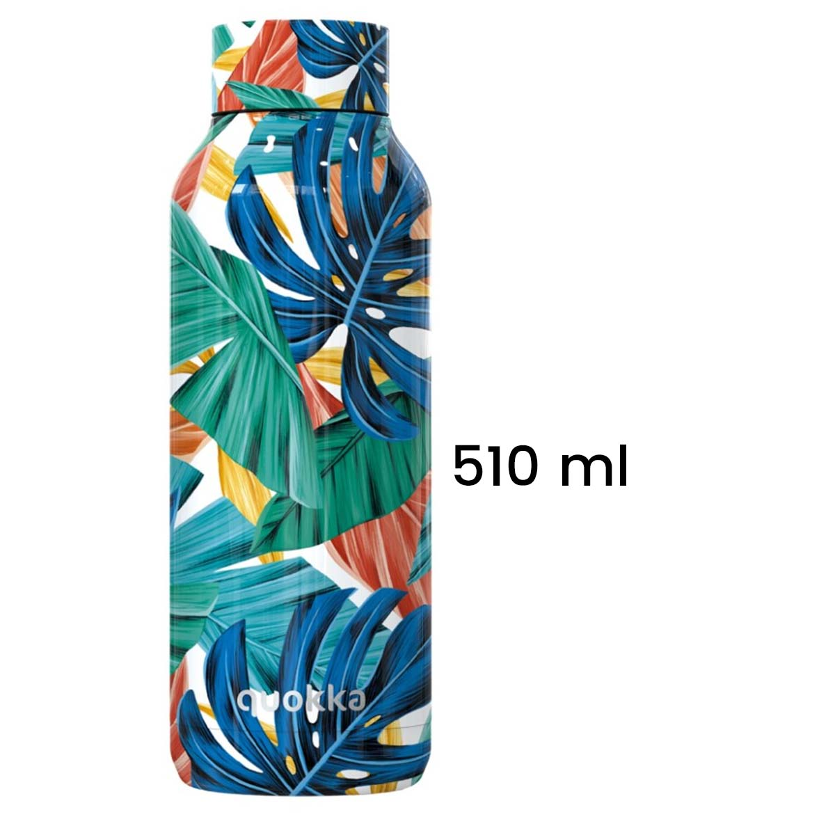 Una borraccia con un design di foglie tropicali colorate. Presenta foglie blu, verdi, rosse e gialle su sfondo bianco. Il testo '510 ml' è visibile.