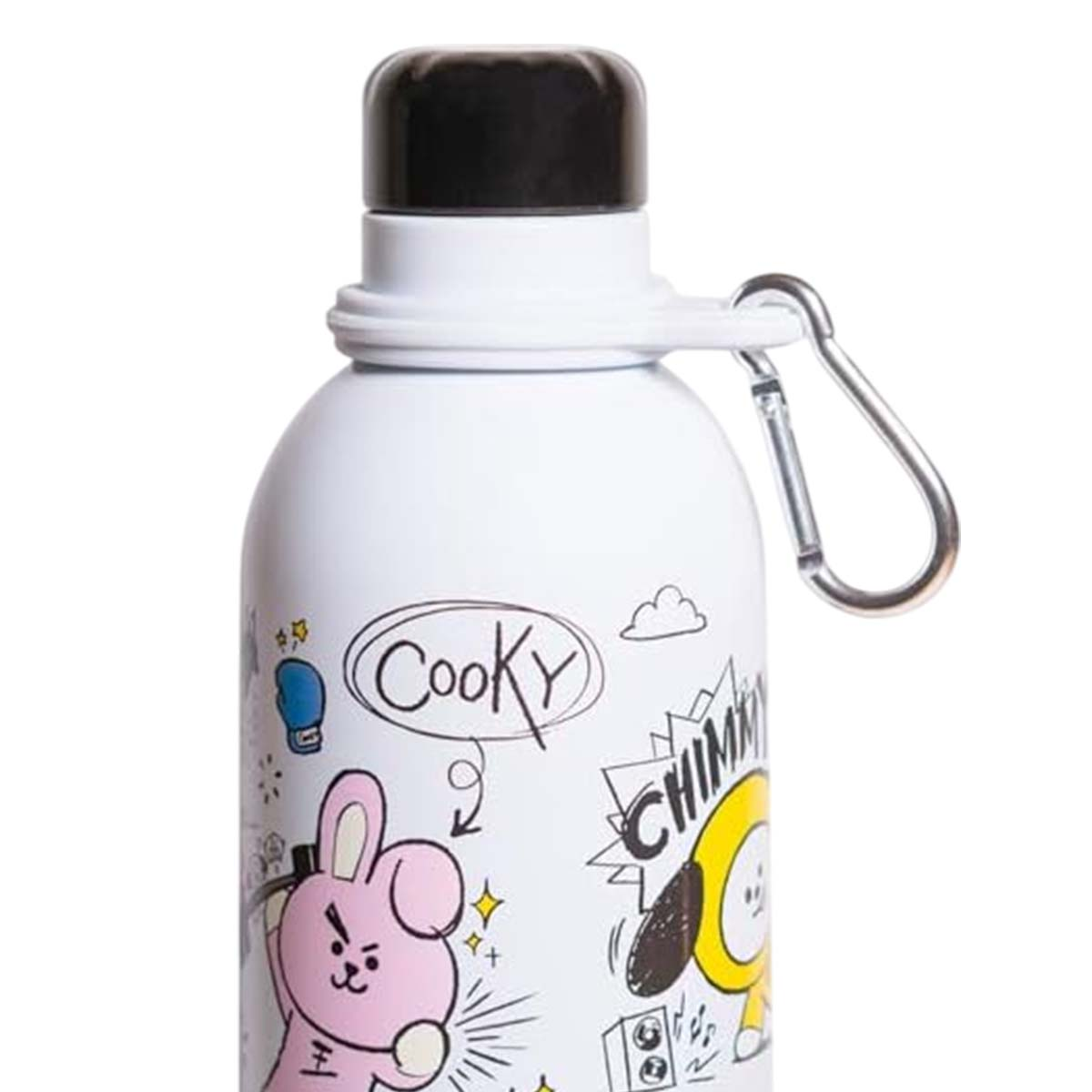 Weiße Wasserflasche mit schwarzem Deckel und Metallclip. Cartoon-Zeichnungen von Figuren, darunter ein rosa Kaninchen und eine gelbe Figur.