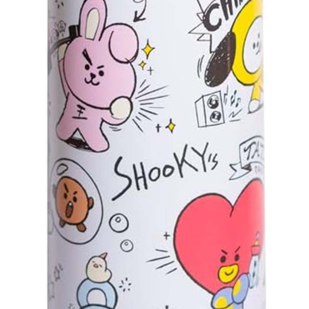 Weißer Hintergrund mit Cartoon-Figuren: rosa Hase, gelbe Figur, brauner Keks, rotes Herz und blaue Figur. Text 'SHOOKY' ist sichtbar.
