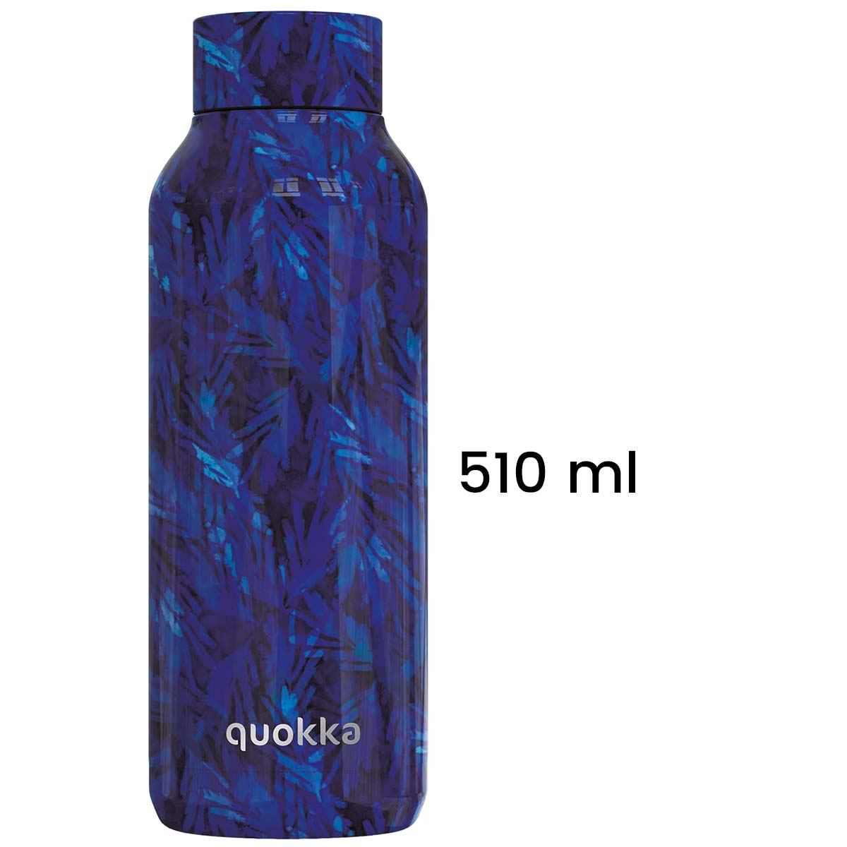 Una bottiglia d'acqua Quokka blu fantasia. Capacità 510 ml. Sfondo bianco.