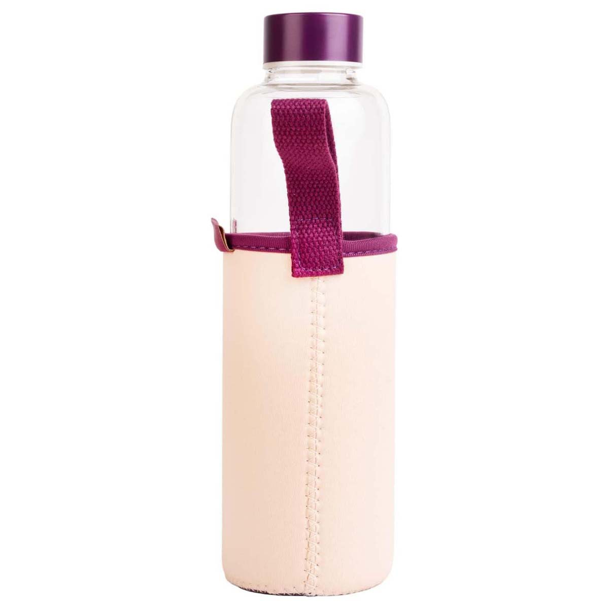 Una bottiglia d'acqua in vetro con tappo e manico viola, racchiusa in un involucro beige.