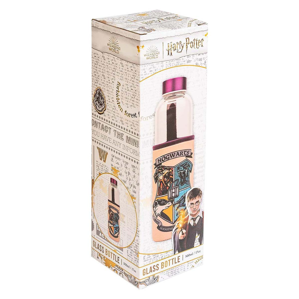 Una bottiglia di vetro di Harry Potter in una scatola. La scatola presenta immagini e testo di Harry Potter. La bottiglia è trasparente con un coperchio rosa.