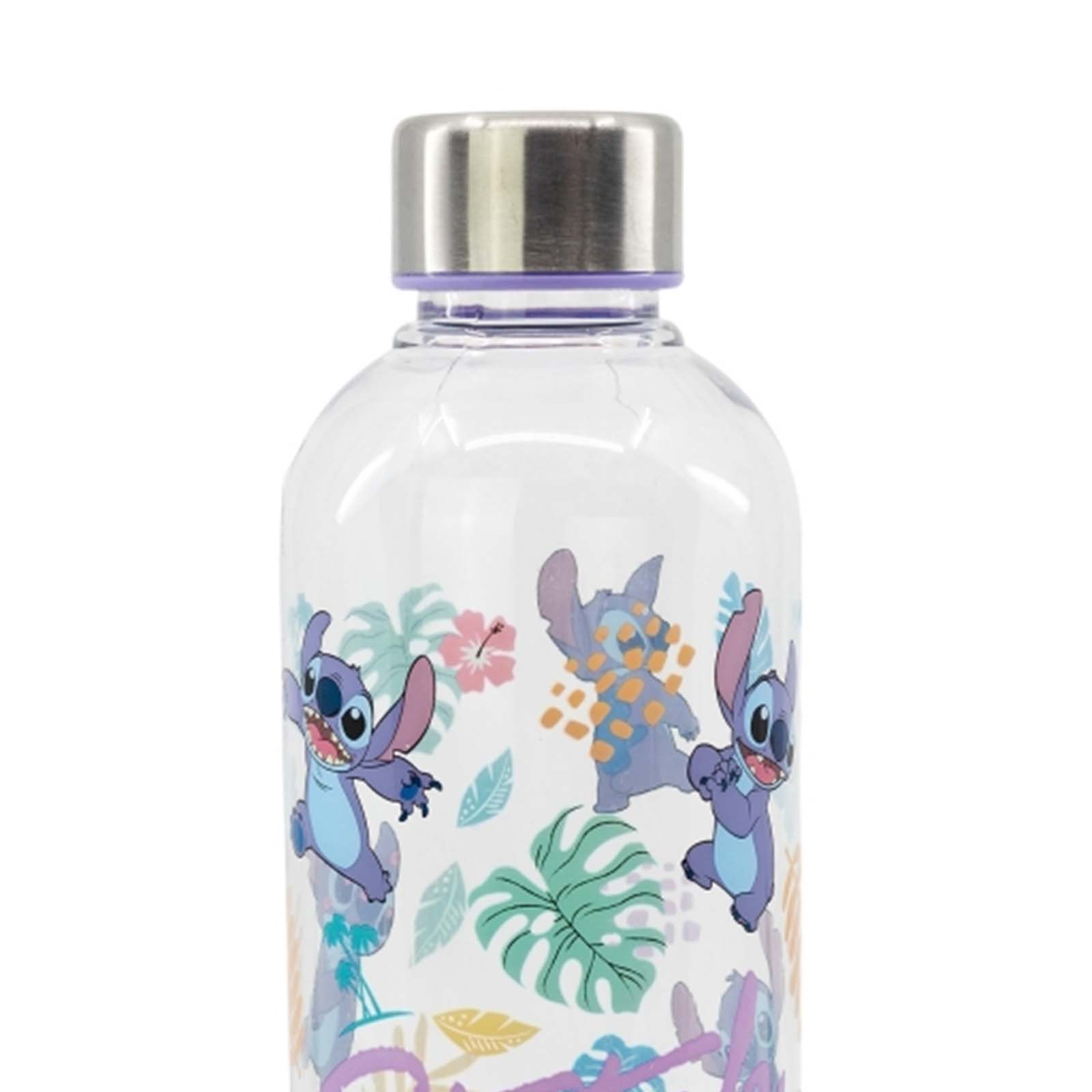 Bottiglia d'acqua trasparente con tappo argentato, con personaggi di Stitch e foglie tropicali.