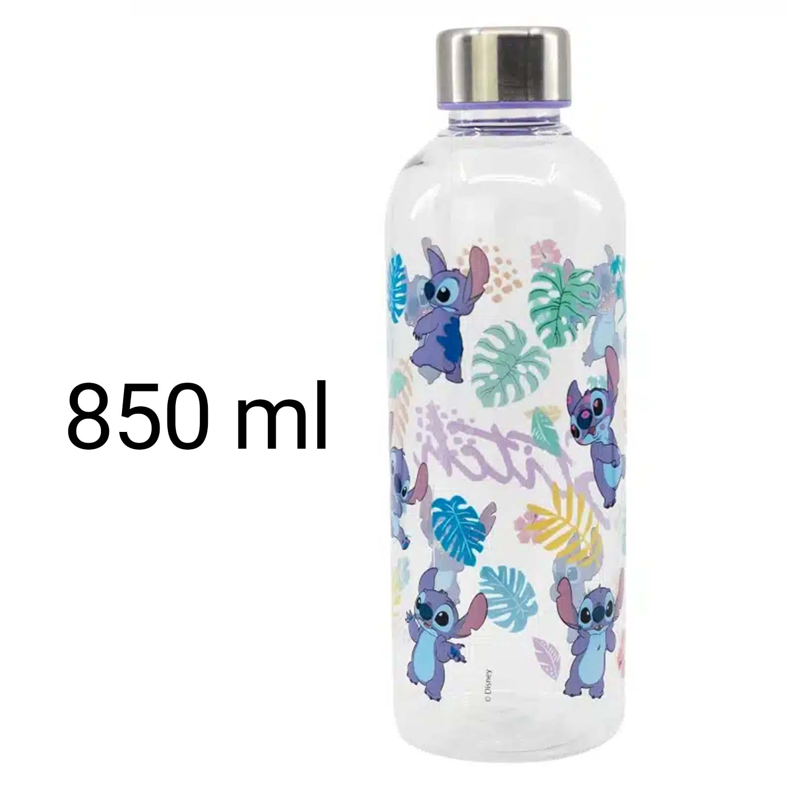 Una bottiglia d'acqua trasparente con coperchio argentato e personaggi Stitch Disney. Stampato '850 ml'.