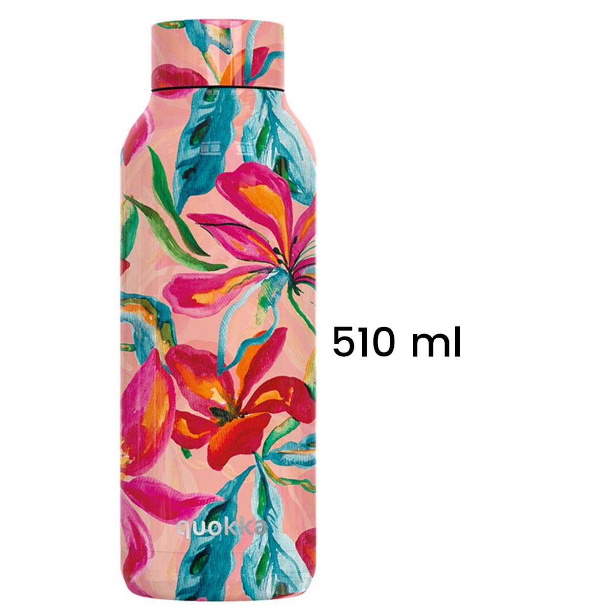 Eine Wasserflasche mit floralem Muster in Rosa, Rot, Blau und Gelb. Die Flasche trägt die Aufschrift 510 ml. Die Marke ist 'quokka'.