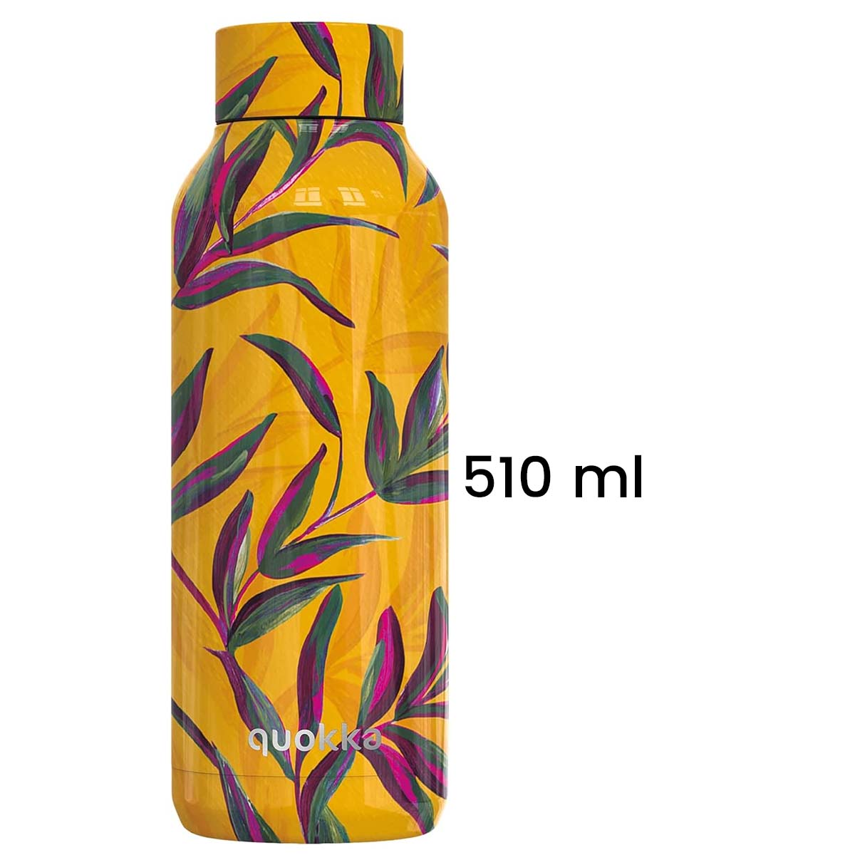 Gelbe Wasserflasche mit floralem Design und der Aufschrift '510 ml'. Sie hat grüne und lila Blätter.