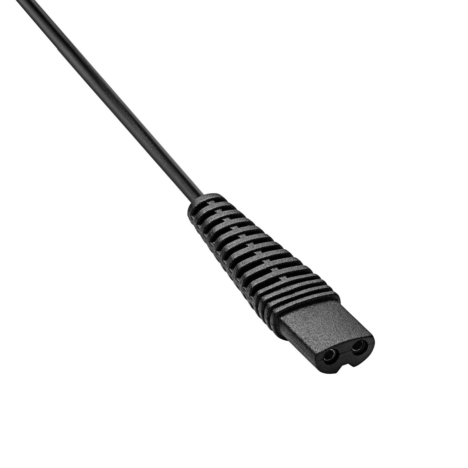 Schwarzes Netzkabel mit Zweizahnstecker, vor weißem Hintergrund abgewinkelt. Das Kabel und der Stecker sind schwarz.