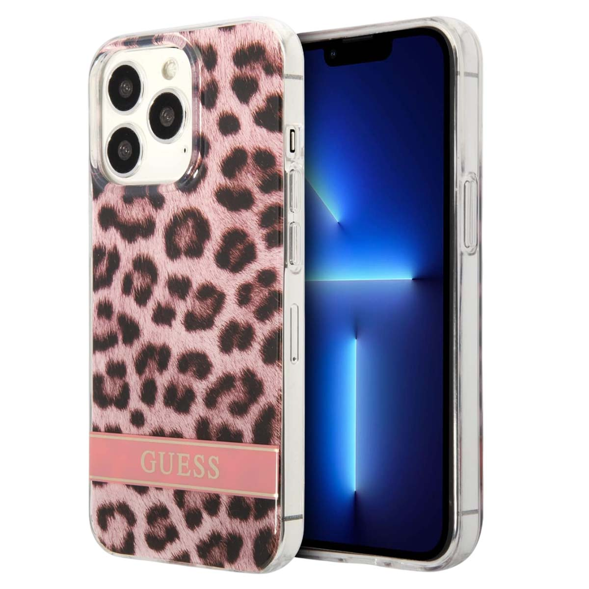Un iPhone in una custodia Guess rosa con stampa leopardata. Lo schermo è acceso, mostrando un effetto di luce blu e bianca. La custodia ha un logo Guess.