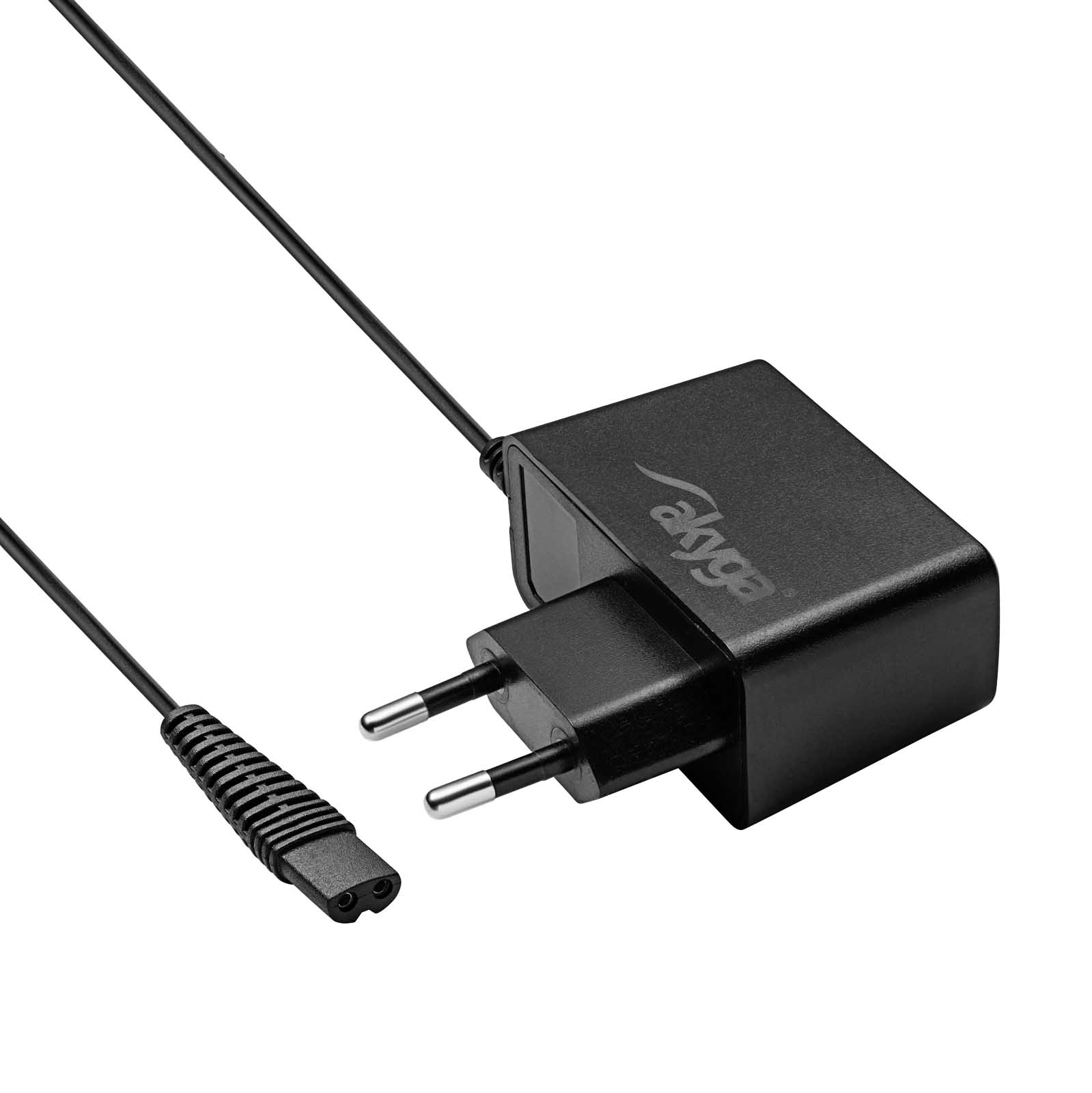 Schwarzes Netzteil mit Zweipolstecker und Kabel mit Zweilochanschluss auf weißem Hintergrund.