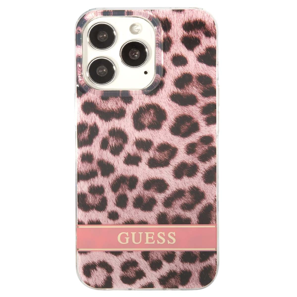 Custodia per telefono rosa con stampa leopardata con logo Guess. Ha più lenti della fotocamera.