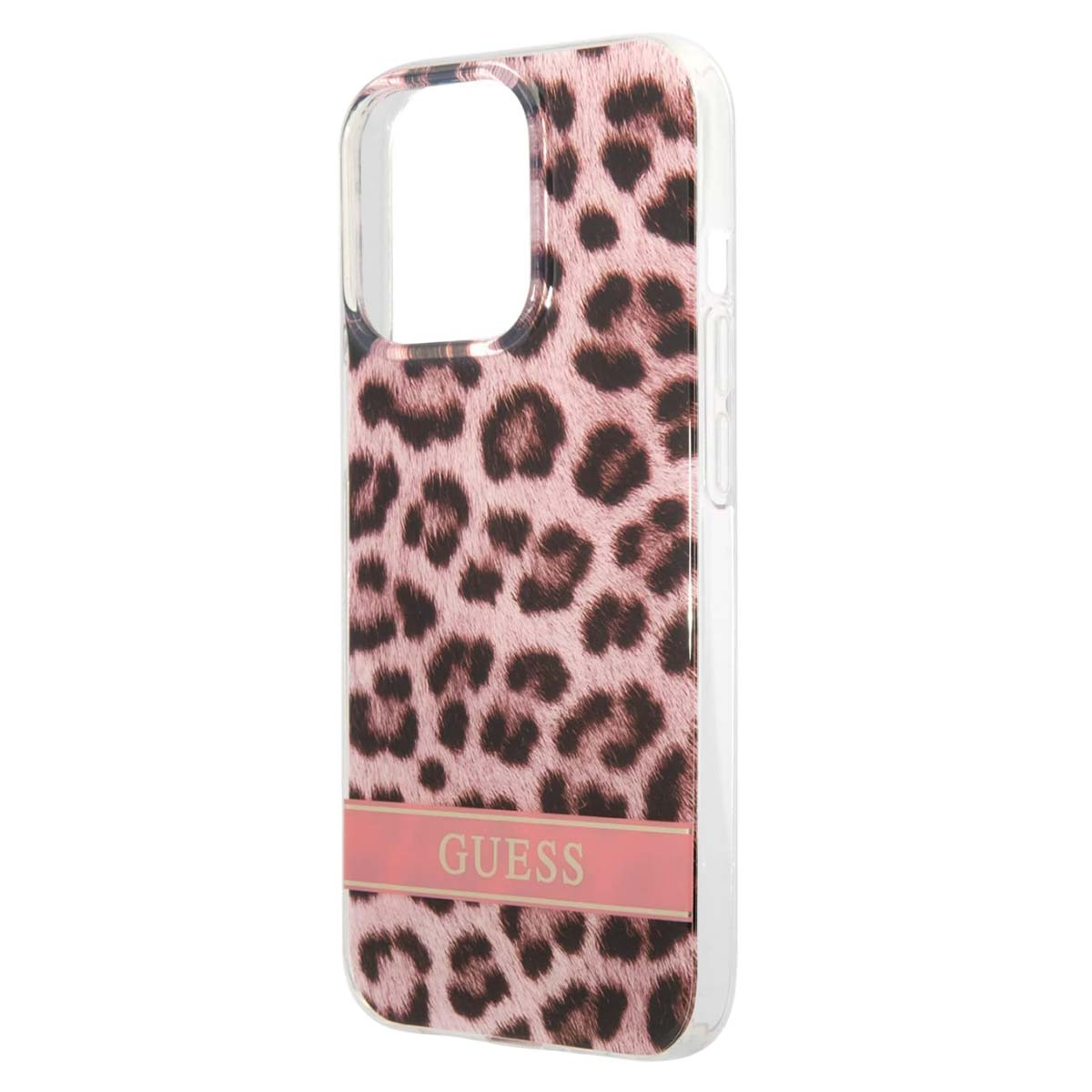 Una custodia per telefono con un design a stampa leopardata rosa. La custodia ha un bordo trasparente e il logo Guess rosa in basso.