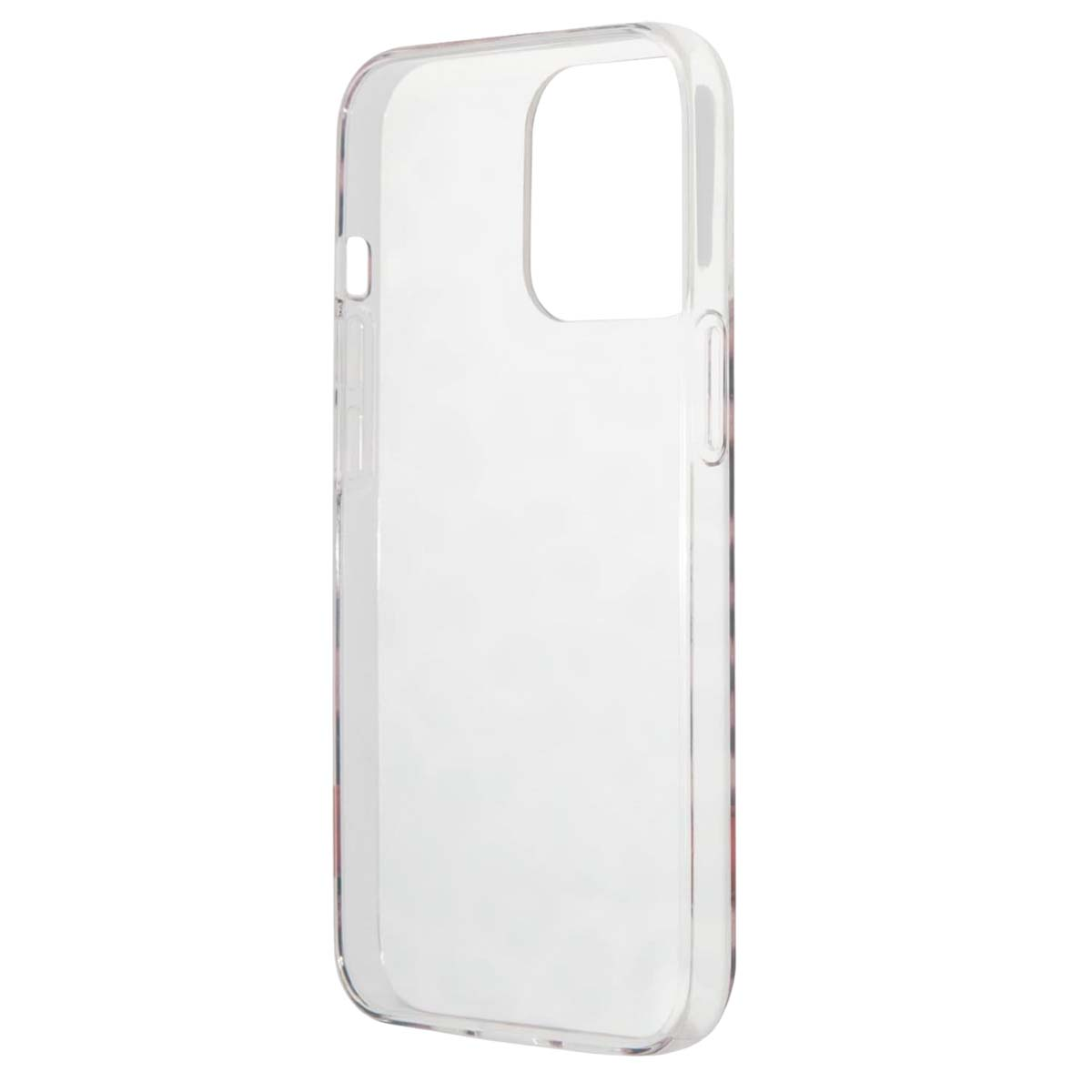 Una custodia trasparente per telefono. Ha ritagli per la fotocamera e i pulsanti laterali. La custodia è in plastica ed è vuota.