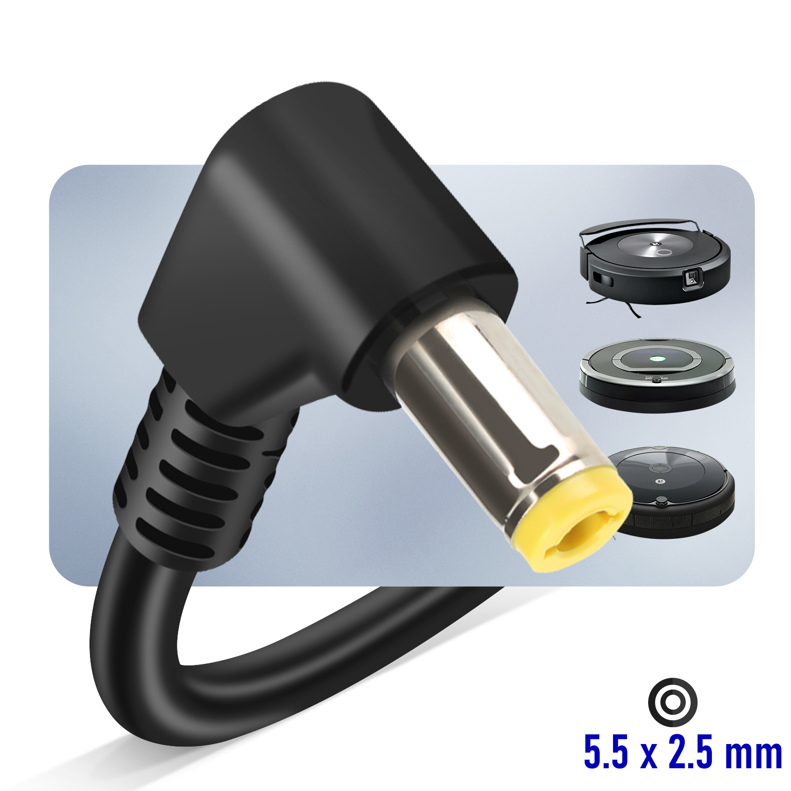 Czarny konektor zasilania DC z trzema robotami sprzątającymi na niebieskim tle. Złącze jest oznaczone 5,5 x 2,5 mm.