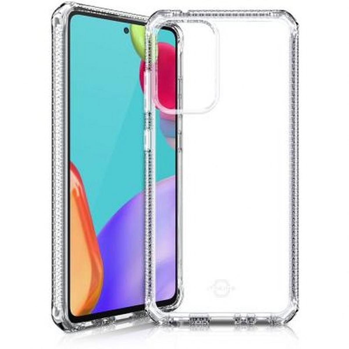 Una custodia trasparente con un telefono all'interno. Il telefono ha uno schermo blu con forme astratte colorate. La custodia è trasparente.