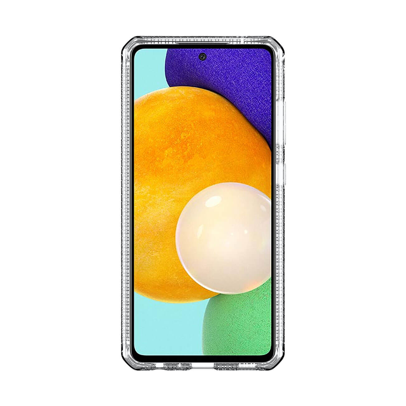 Uno smartphone con una custodia protettiva trasparente, che mostra forme astratte colorate: arancione, viola, bianco e verde.