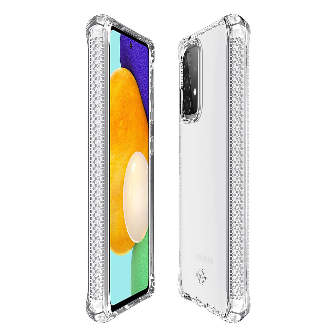 Due smartphone Samsung in custodie protettive trasparenti sono mostrati uno accanto all'altro, su sfondo bianco, concentrandosi sul design.