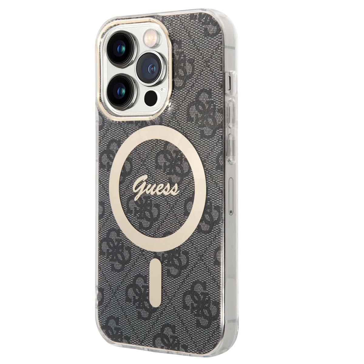 Eine Handyhülle mit Guess-Logo, grau gemustertem Rücken und transparentem Rand. Die Kameralinsen sind sichtbar.