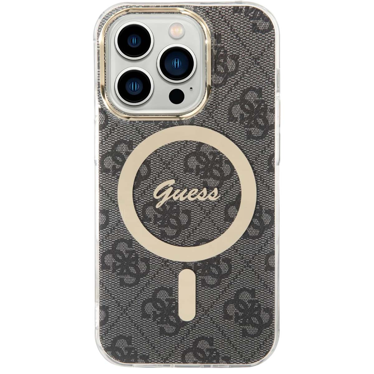 Eine Guess-Handyhülle. Die Hülle ist mit dem Guess-Logo versehen. Die Kamera und ein kreisförmiges Goldelement mit dem Guess-Logo sind sichtbar.