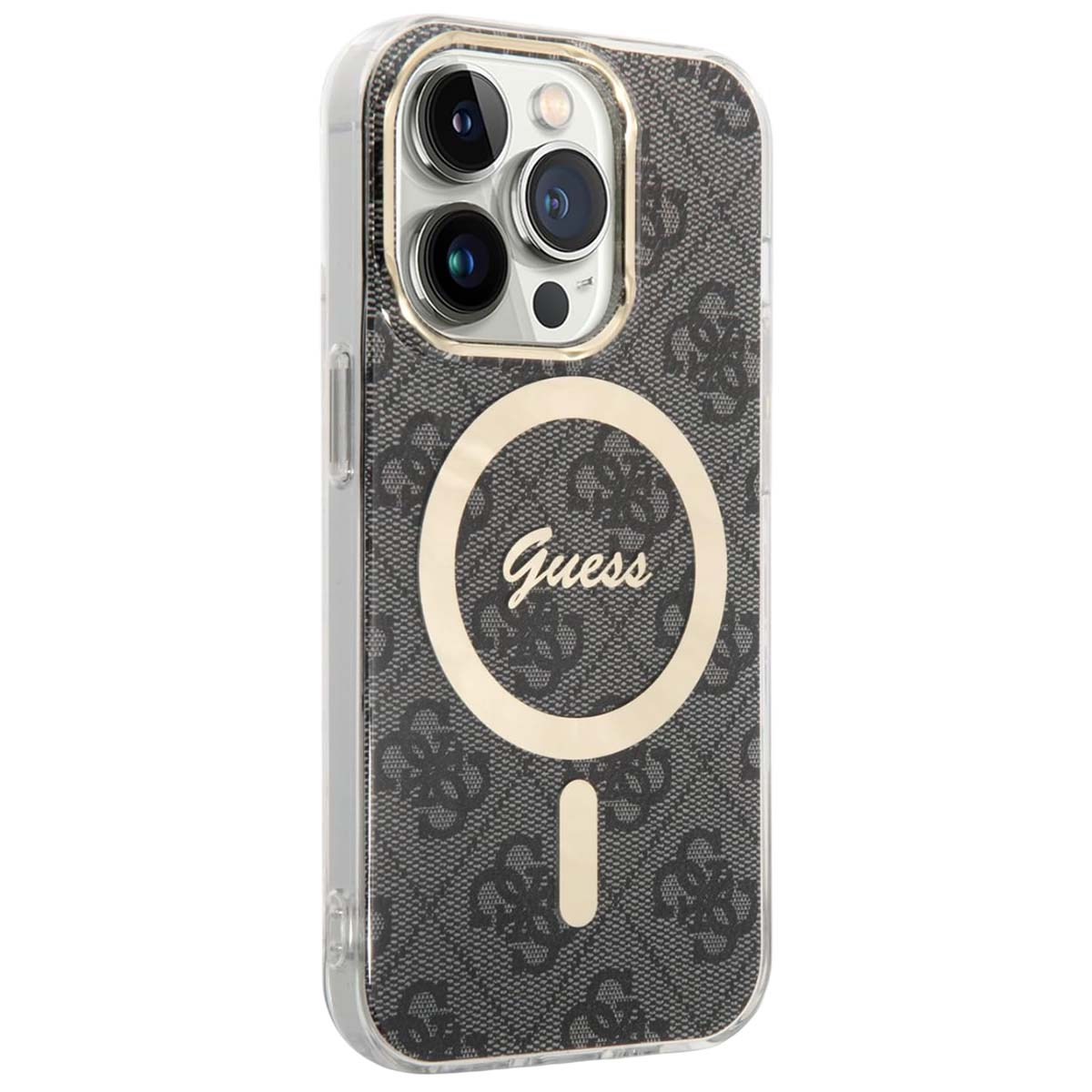Eine Handyhülle mit Guess-Logo und Muster. Die Seiten sind durchsichtig, um die Kamera befindet sich ein goldener Ring.