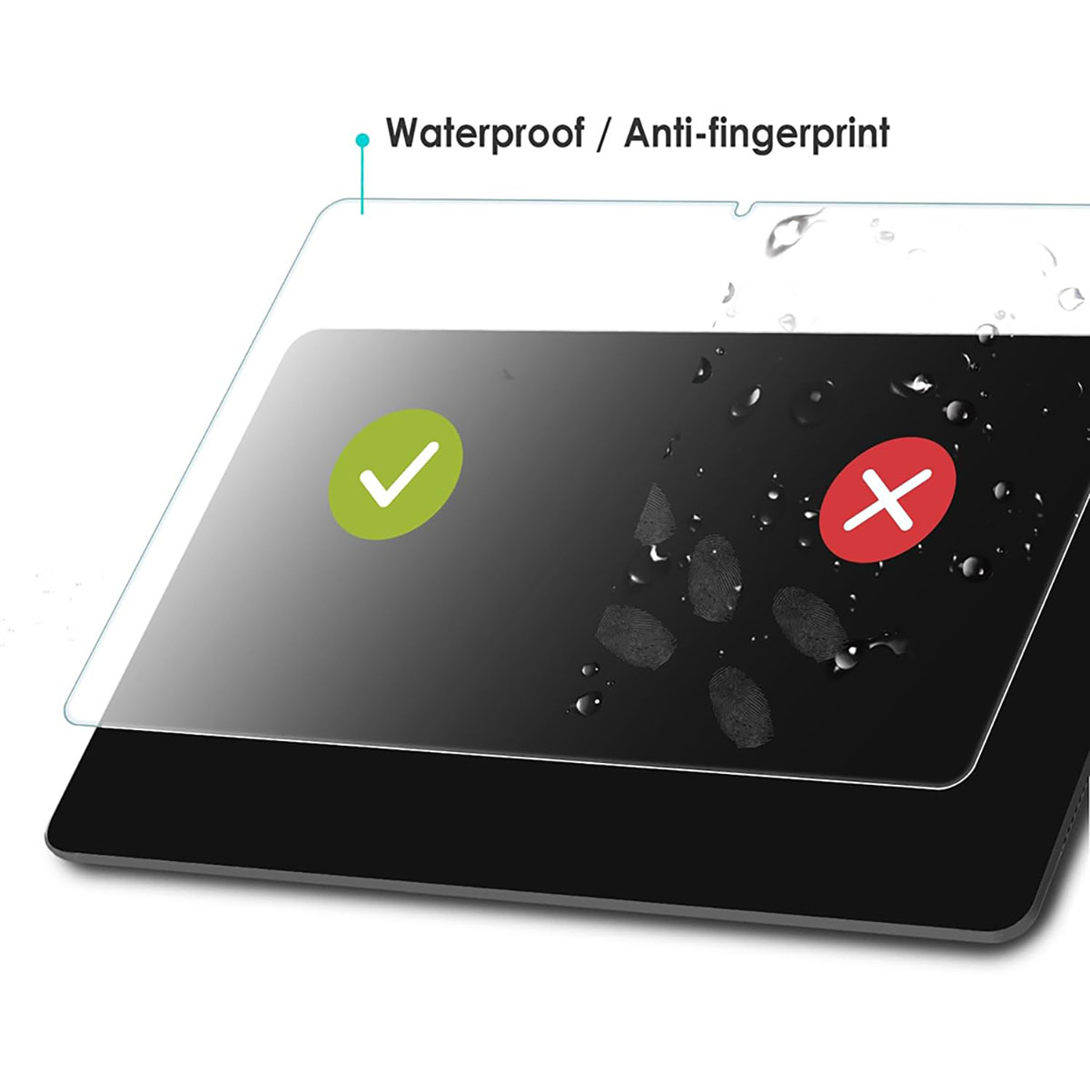 Ochraniacz ekranu z zielonym znakiem wyboru i czerwonym X. Pokazuje funkcje zapobiegające odciskom palców i wodoodporności. Widoczne krople wody.