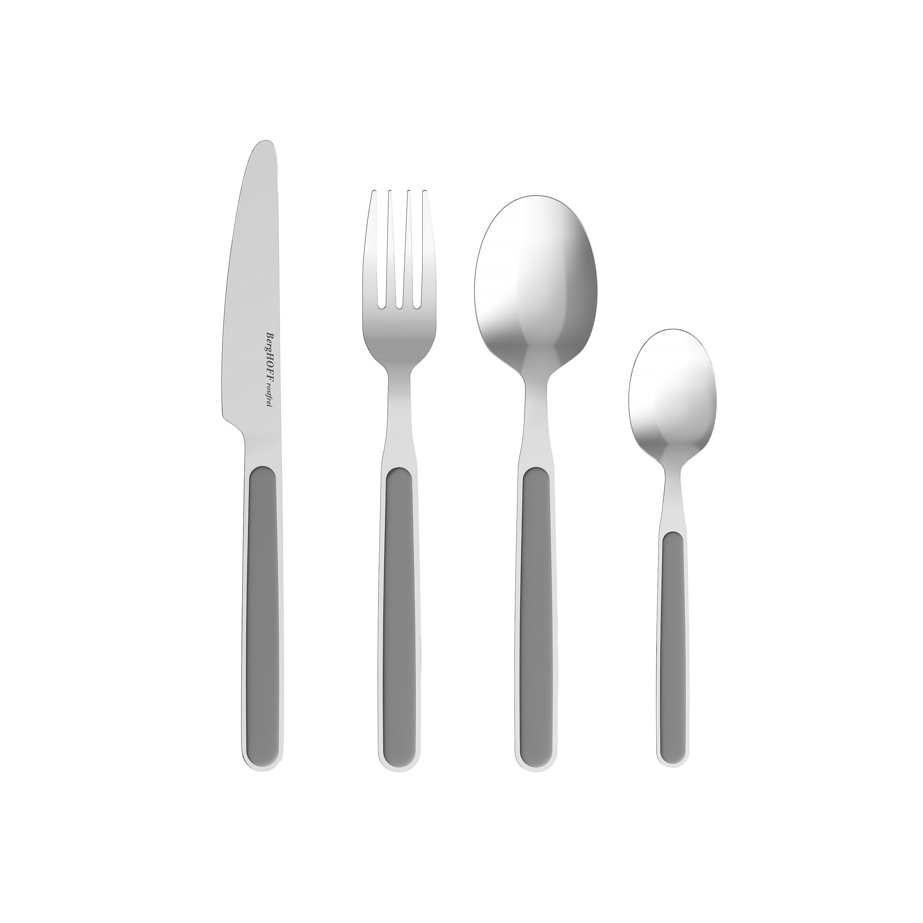 Set of silverware on white background. Includes knife, fork, soup spoon, and teaspoon. Silverware has gray handles.