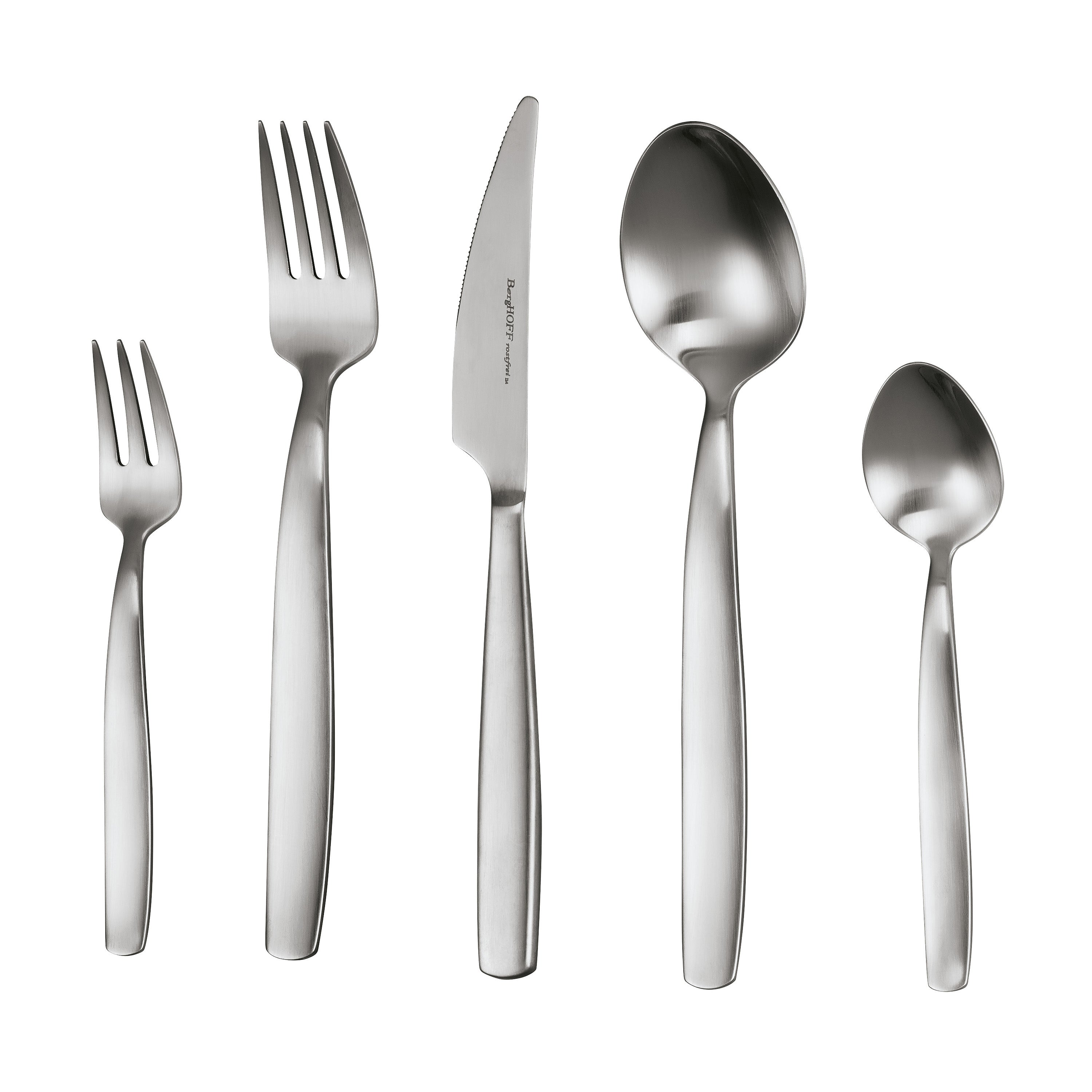 Set of silverware including forks, a knife, and spoons, arranged on a white background. The silverware is shiny and new.