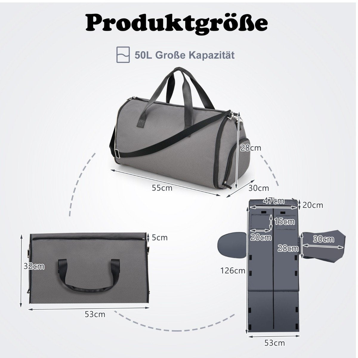 La imagen muestra una bolsa de lona gris con dimensiones y otros dos objetos grises. El texto 'Produktgröße' está en la parte superior.