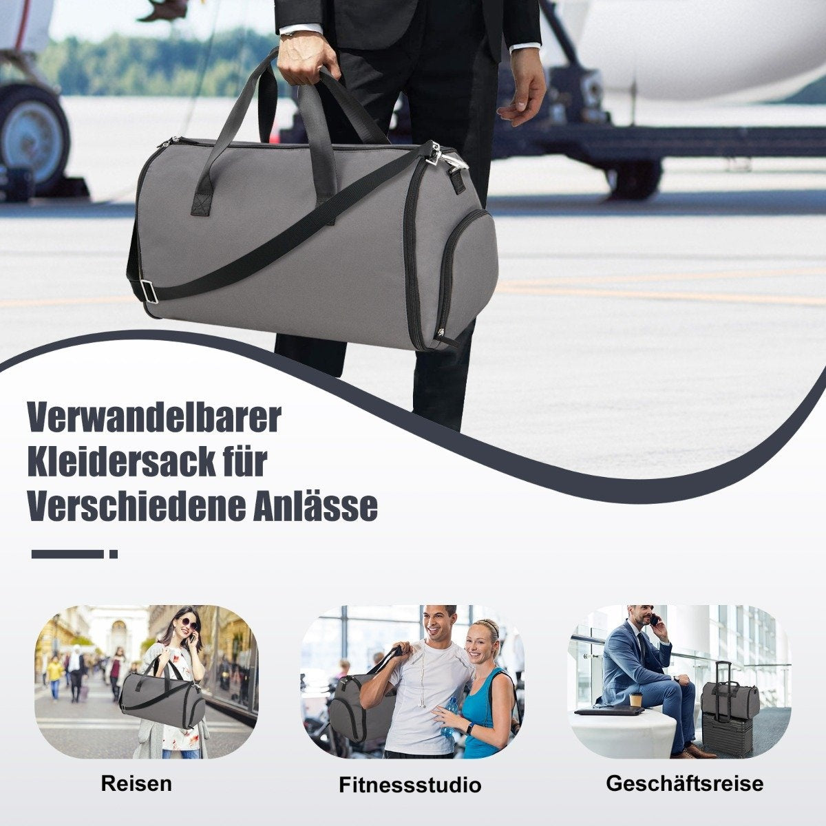 Un hombre con traje sostiene una bolsa de lona gris. Debajo hay imágenes de la bolsa para viajes, fitness y viajes de negocios.