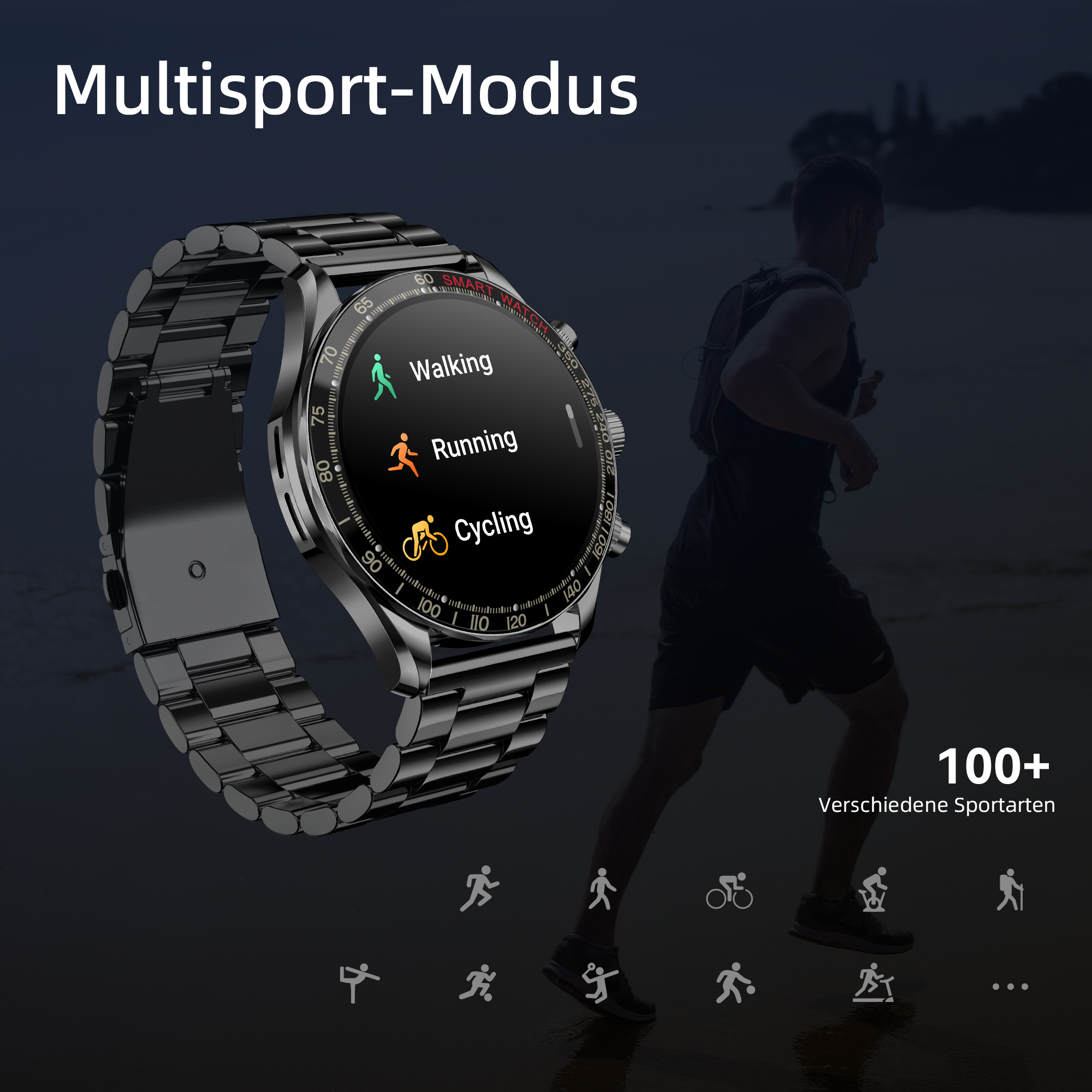 Eine schwarze Smartwatch mit den Optionen Gehen, Laufen und Radfahren auf dem Bildschirm. Im Hintergrund läuft ein Mann. Text: Multisport-Modus.