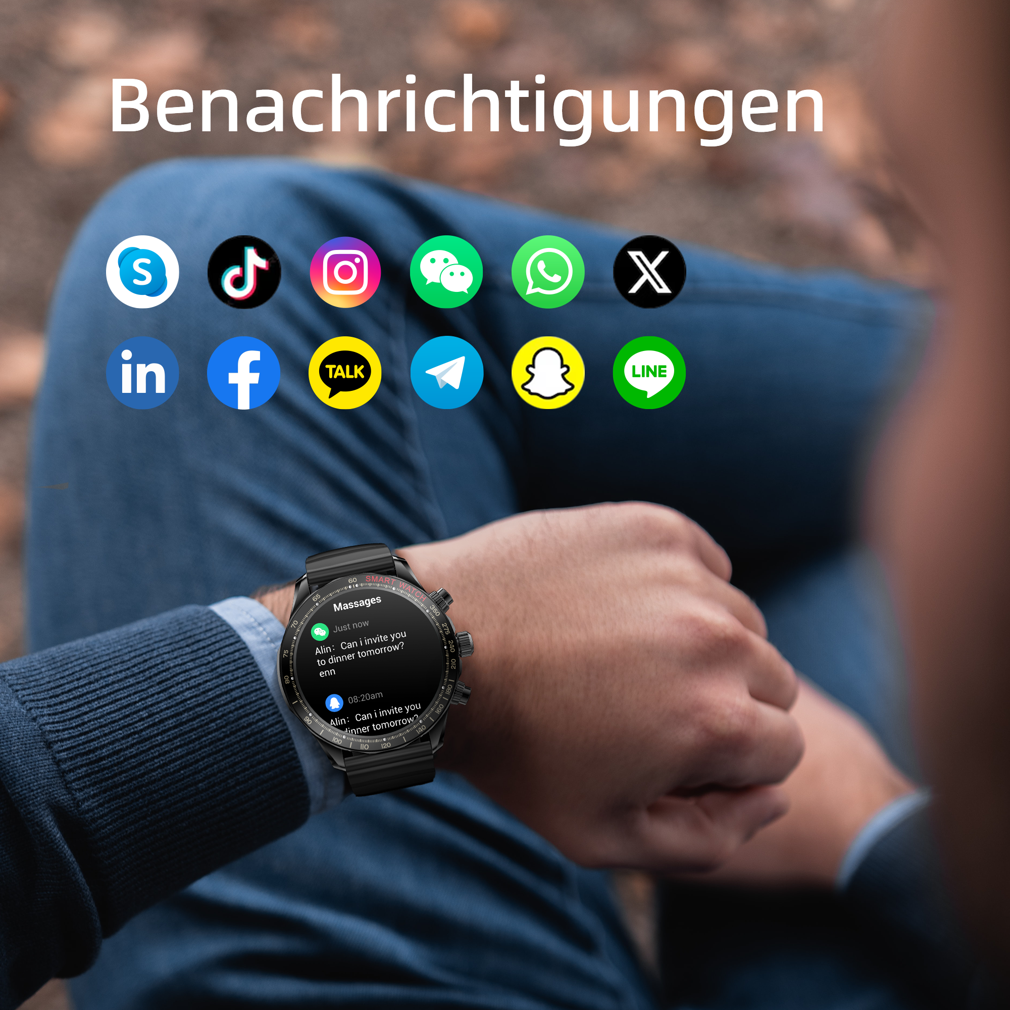 Una persona indossa uno smartwatch che mostra le notifiche di varie app di social media.