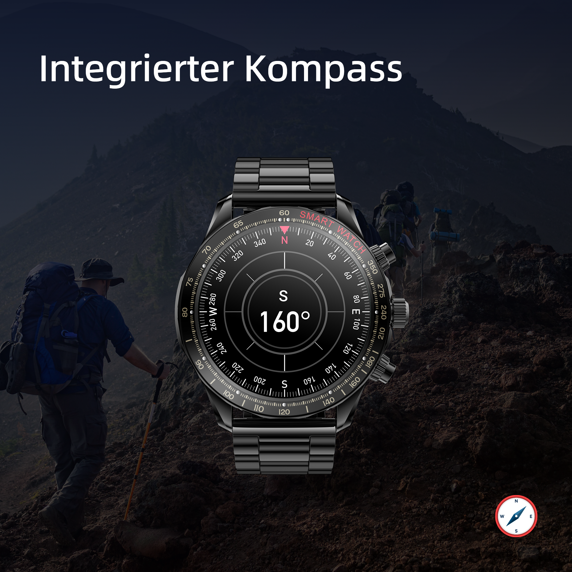 Uno smartwatch nero con display bussola, escursionisti sullo sfondo e la scritta 'Integrierter Kompass' in alto.