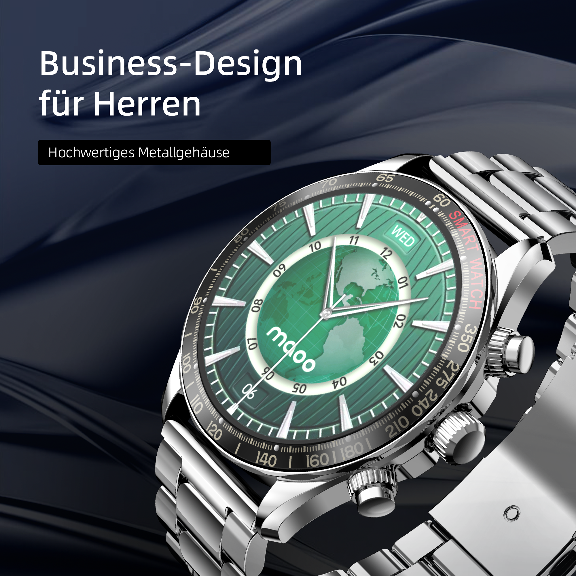 Un orologio smart argentato con quadrante verde e design a globo, su sfondo scuro. Il testo dice 'Business-Design für Herren'.